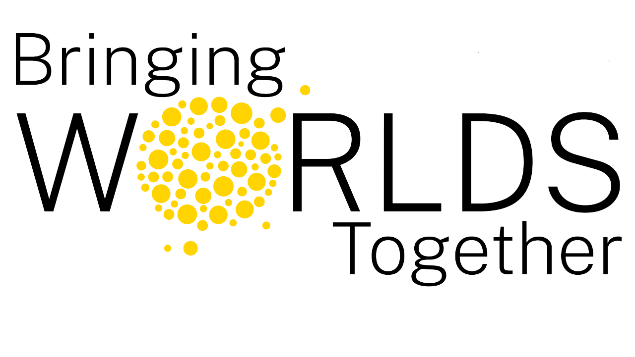 The words "Bringing Worlds Together" are in large black font with a golden graphic circular icon replacing the "o" in worlds.